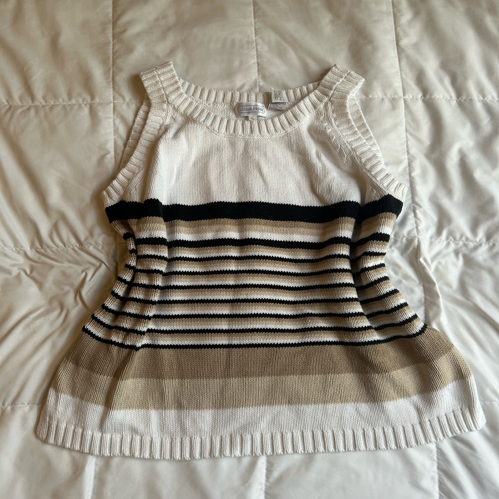 JEANNE PIERRE Striped Knit Vest in Black, White, and Tan